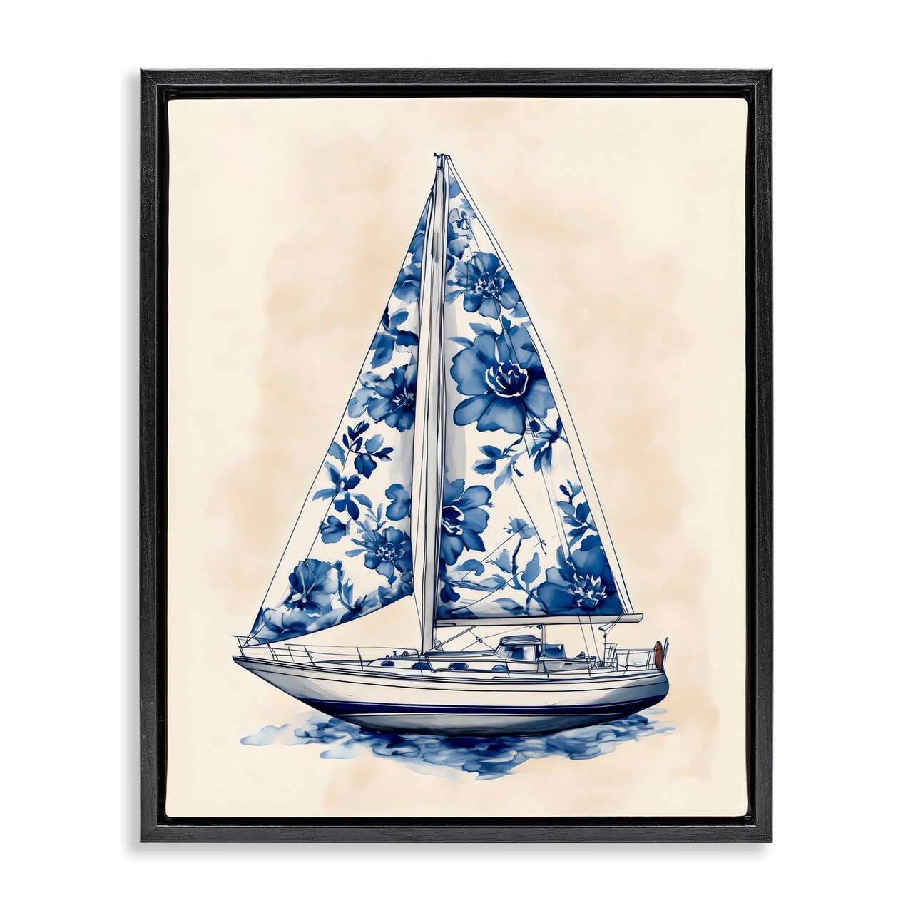 Stupell Industries Blue Floral Sailboat Black Framed Floater Canvas Wall Art, design by Arlington Prints